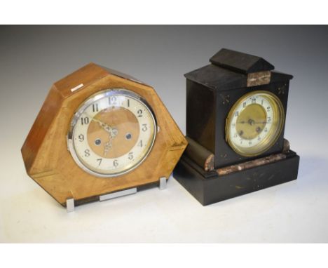 Late 19th/early 20th Century black slate and variegated marble mantel clock, 25cm high, together with an Art Deco inlaid waln