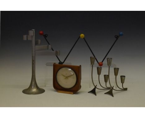 1950's atomic age zig-zag coat rack, bentwood Smiths mantel clock, pair of stainless steel three branch candelabra and one ot
