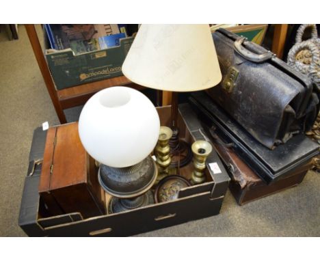 Assorted collectables to include; walnut box, pair of Doulton Lambeth Scotch Whisky bottles, two lamps, Prattware pot lid and
