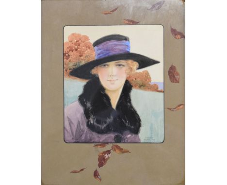 Harry Woolley (early 20th Century) - Watercolour - Portrait of young lady in 1920's fashionable hat and fur-trimmed coat, sig