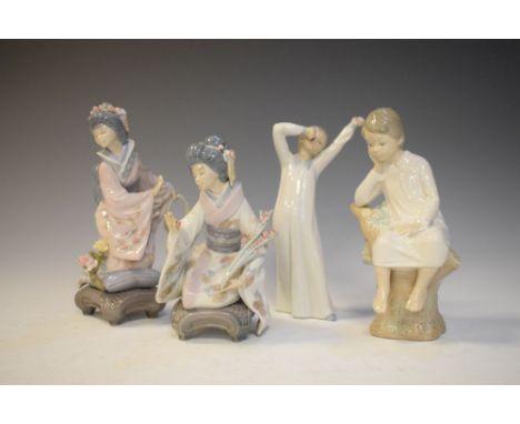 Pair of Lladro geisha figures, one other Lladro figure of a boy on a tree stump and a Nao figure of a yawning child, 20.5cm h