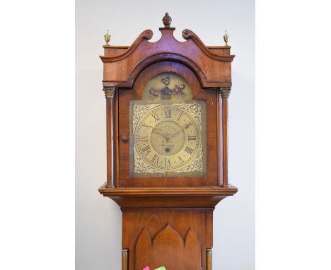 Regency-style mahogany longcase clock, the 12-inch dial engraved 'F. Bell, Warmley', with wavy hood door and triple-arched tr