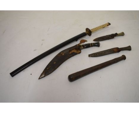 Reproduction Japanese Katana, together with a Gurkha kukri, horn handled dagger and a truncheon  
