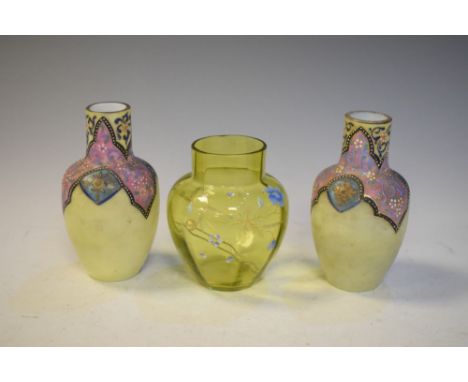 Pair of late 19th/early 20th Century opaque yellow vases having Persian inspired enamel decoration and one other clear enamel