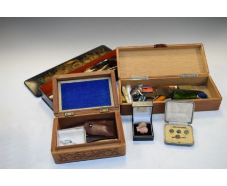 Lacquered glove box, two other boxes, quantity of button hooks, interesting miscellanea including cheroot holders, etc  