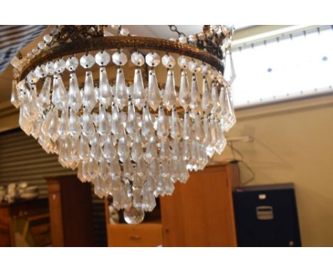 Mid 20th Century brass and glass lustre chandelier or electrolier of six-ring waterfall design, 34cm diameter  