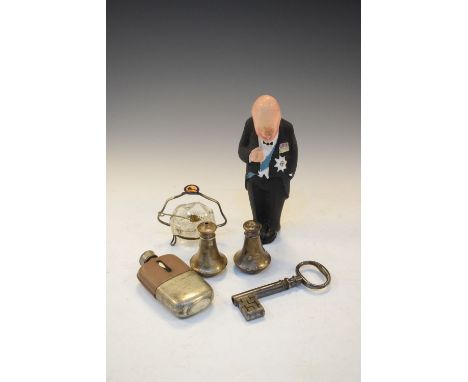 Silver plated cruet set having enamelled emblem for the British Empire Exhibition Wembley, a plaster 'smoking figure' of Wins