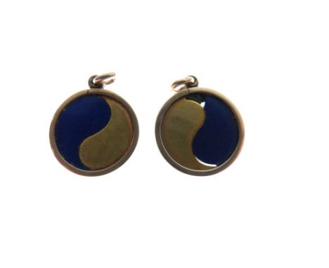 Pair of unmarked yellow metal and blue enamel 'Yin &amp; Yang' pendants, each 17mm diameter, 7.3g gross approx (2)  