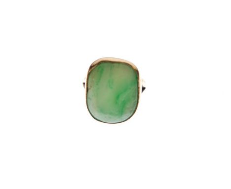 Yellow metal dress ring set with vacant jade matrix, shank stamped 9ct, size H½, 3.1g  gross approx  