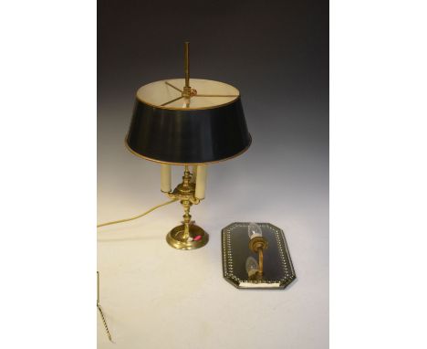 Brass student's lamp with painted metal shade, 52cm high, and a bevelled glass girandole mirror (2)  