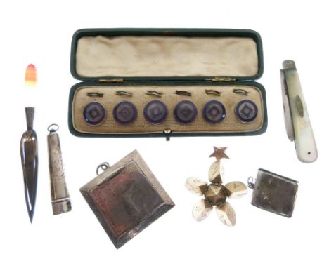 Cased set of six silver and enamel collar studs, Masonic fob pendant, silver stamp case and compact, cheroot holder, pen knif