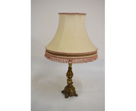 Brass table lamp of baluster form with foliate decoration, 93cm high including shade  