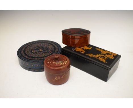 Black lacquer rectangular box with Japanese-style stork or crane decoration, 23cm wide, together with a black lacquered papie