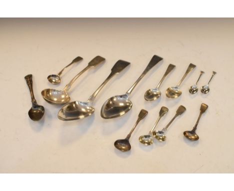 Assorted silver spoons to include; Irish Fiddle pattern tablespoon, Dublin 1925, sponsor possibly IB, a George III Old Englis