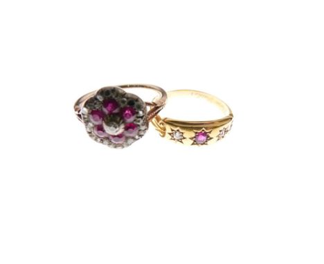 18ct gold, ruby and diamond three-stone ring, size M½, together with an unmarked yellow metal, ruby and diamond cluster ring,