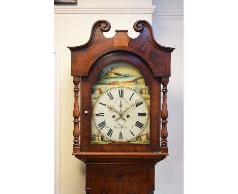Second quarter 19th Century mahogany-cased eight day painted dial longcase clock, J. Jessop, Okehampton, 13-inch painted arch