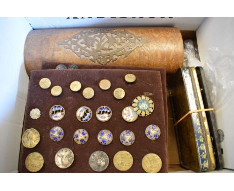 Assorted buttons to include; enamel examples, jet, etc, together with a figured dome-top box, etc  