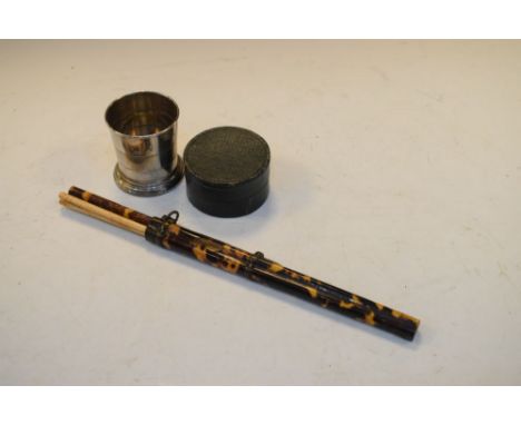 Oriental tortoiseshell and ivory chopstick set and a silver plated collapsible hunting beaker in Morocco covered case  