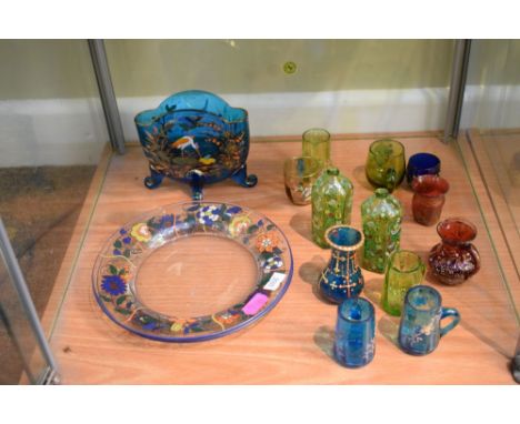 Quantity of 19th/20th Century coloured enamel decorated glass including a pair of plates marked Sevres, 18cm diameter  