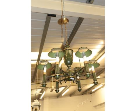 A modern green toleware six light chandelier, drop 55cms