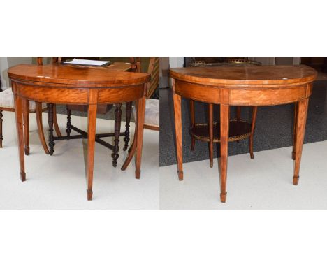 A pair of George III satinwood, tulip-wood banded demi-lune fold-over card tables on tapering square legs and spade feet 97cm