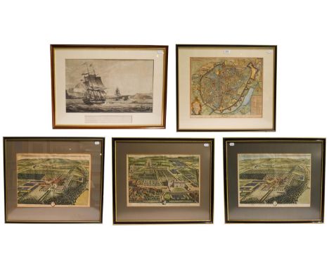 A collection of 19th century prints and engravings to include a two views of Ingleby Manor, Chaloner estate, city map of Brus