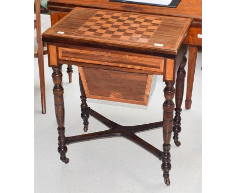 A Victorian games/ sewing table with swivel top revealing blue baize card table with a single drawer and an inlaid chess surf