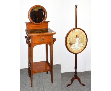 An Edwardian mahogany pole screen with silk work panel, 148cm high, together with an Arts &amp; Crafts style inlaid mahogany 