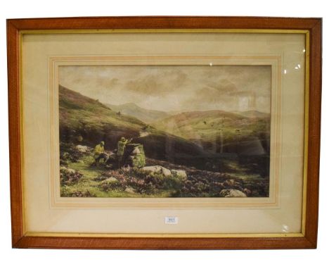 After Douglas Adams, grouse shooting, coloured print, 38.5cm by 63cm