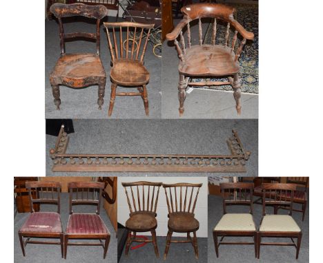A 19th century ash and elm smokers bow armchair together with a set of four George III mahogany dining chairs, a set of three