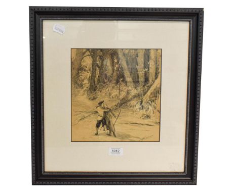 Alexander Jamieson (1873-1937) Scottish, figures in a woodland, signed, pen and ink, 24cm by 22.5cm 