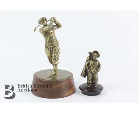 1930s brass golf mascot caddy boy approx. 9 cms and the other depicting an Edwardian golfer wearing plus fours approx. 15 cms