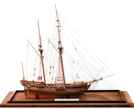 A 1:47 scale model of the Royal Navy bomb ketch 'HMS Racehorse':, running rigged over detailed decks with brass cannon, plank