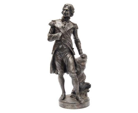 A late 19th/early 20th century spelter figure of 'Admiral Nelson' after Sylvain Kinsburger (1855-1935):, standing holding a t