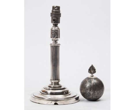 A maritime themed  silver plated table lamp base:, the sconce with foul anchor decoration on a reeded column  and circular ba