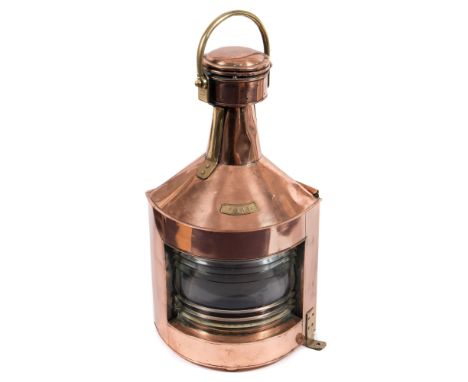 A copper and brass ship's Port lantern by G P Grimley & Sons, Birmingham:, the lens dated 1943, 71cm high.