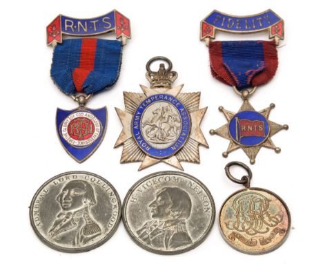 Two enamel Royal Navy Temperance Society jewels:, together with two Royal Army Temperance Society Medals and pewter copies of