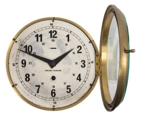 A circular bulkhead clock by Kelvin Hughes:, the white painted dial signed as per title with Arabic numerals and inner 24 hou
