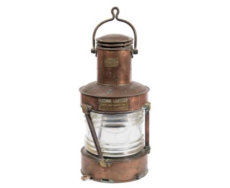 A Victorian copper and brass Anchor lantern by Telford, Grier & McKay Ltd Glasgow:,  swing handle over chimney with brass mak