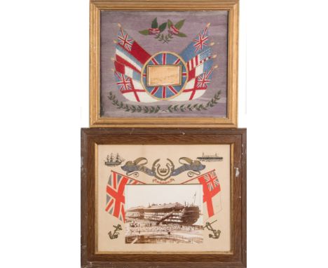 A group of three late 19th century sailor's woolworks:, of traditional design with flags of nations and floral borders around