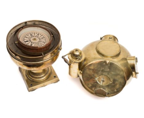 A late 19th century brass binnacle:, unsigned, the 7 inch dry card compass in a wooden bowl case with gimbal mount within a p