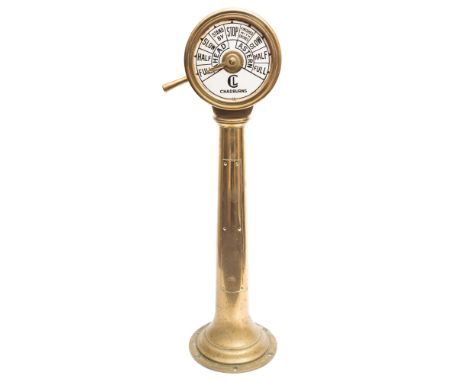 A brass single lever ship's telegraph by Chadburns:, the 8 inch white enamel indicator signed as per title on a column suppor