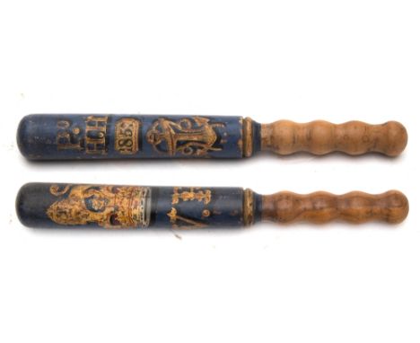 A Victorian Naval dockyard tipstave:, decorated to one side with crown and 'VR' cypher, the other with foul anchor decoration