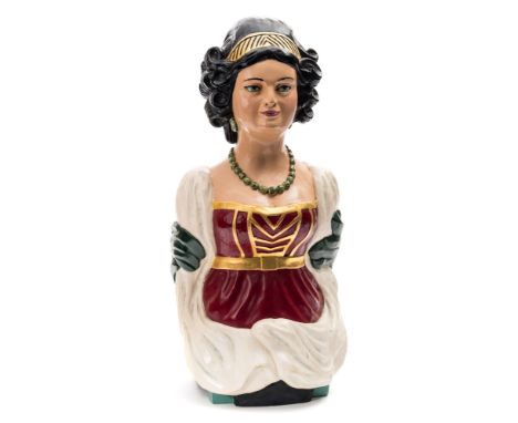 A carved figurehead 'Lady of The Sea' by Charles Moore:, carved black hair with gold coloured headband, green earrings and ne