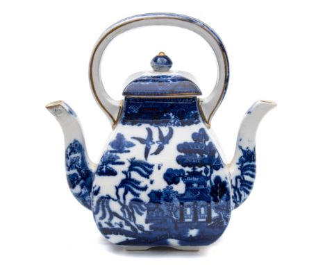 An Allen Line blue and white double spout teapot in Willow pattern by Ashworth Brothers:,  with looped handle over baluster b