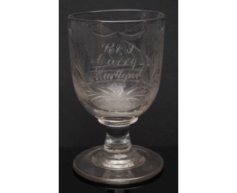 A nautical engraved rummer:, the bowl with portrait of a sailing ship 'Forrest Queen' to one side and personalised inscriptio