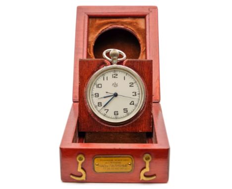A Russian  nickel plated chronometer pocket watch by Kupoba in a fitted wooden case:, the silvered dial with Arabic numerals 