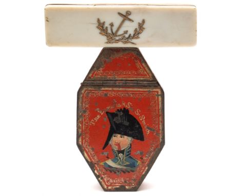 A Georgian 19ct gold inlaid ivory toothpick holder with anchor decoration and a toleware snuff box:, the latter with painted 