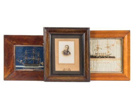 A 19th century woolwork 'HMS Trafalgar 120 Guns' and another later 'HMS Aboukir':, 14.5 x 18cm and 20 x 23cm respectively, to