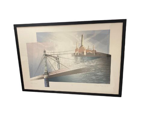 A signed limited edition screen print of Albert bridge and Battersea power station signed and dated Richard Davies 1988 . 79c